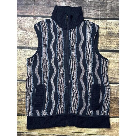 VTG Coogi Sweater Vest Mens Large 3D Knit Australia Turtleneck Full Zip Pockets